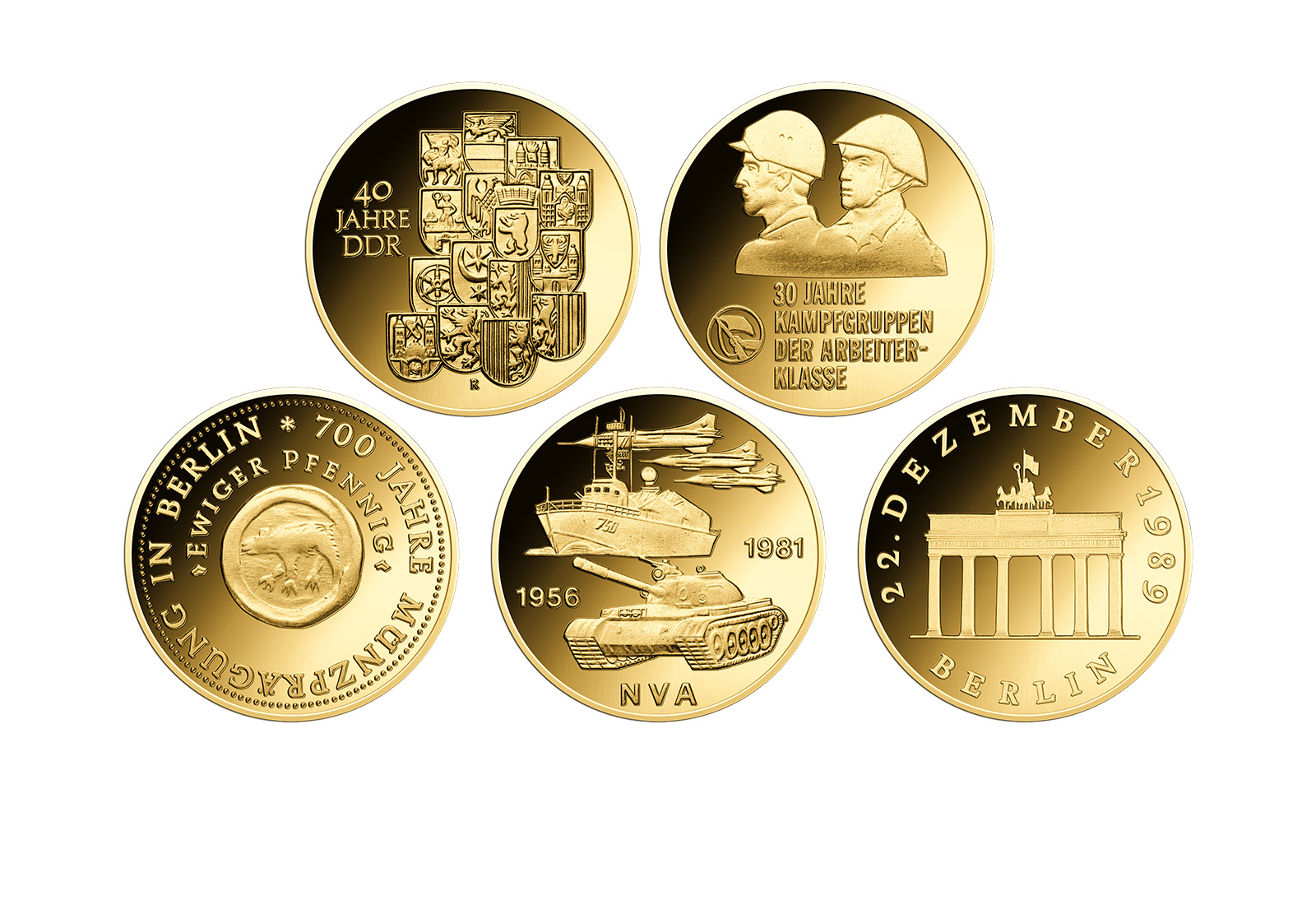 5er-Set Goldausgaben DDR-Mark Neuprägungen aus 999er Gold