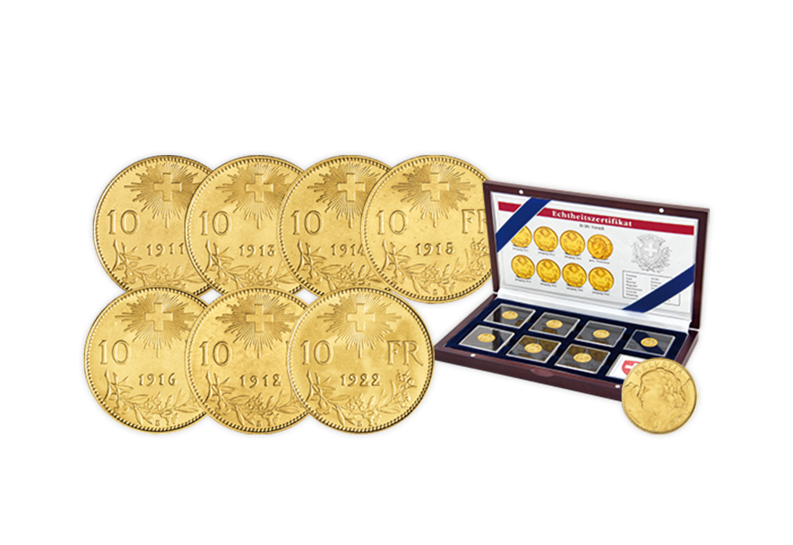 Goldmünzenset - 7x 10 Franken Gold Vreneli -Schweiz - Jahrgänge 1911-1922