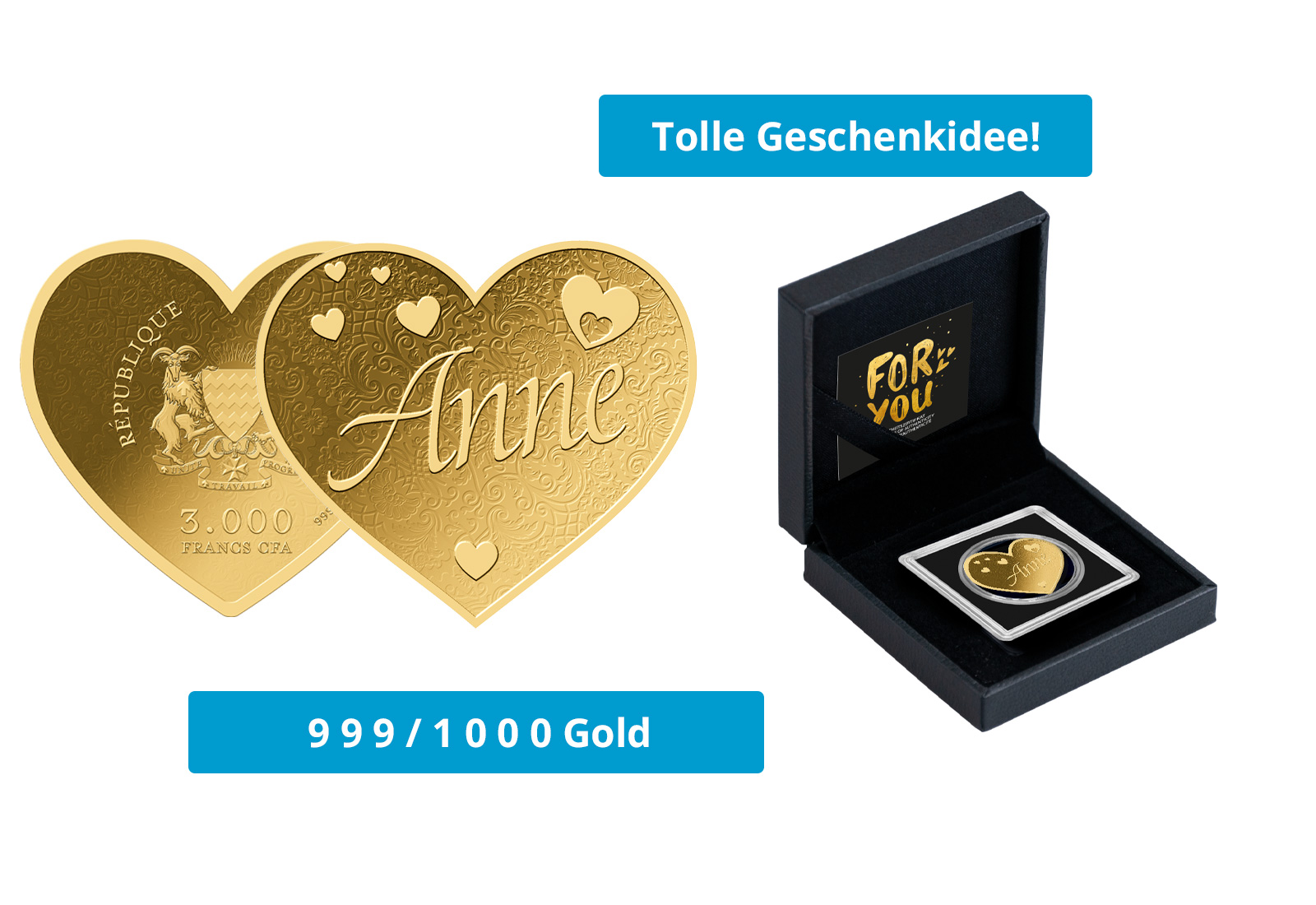 Goldmünze Motiv "Herz Anne" 999/1000 Gold im Geschenketui