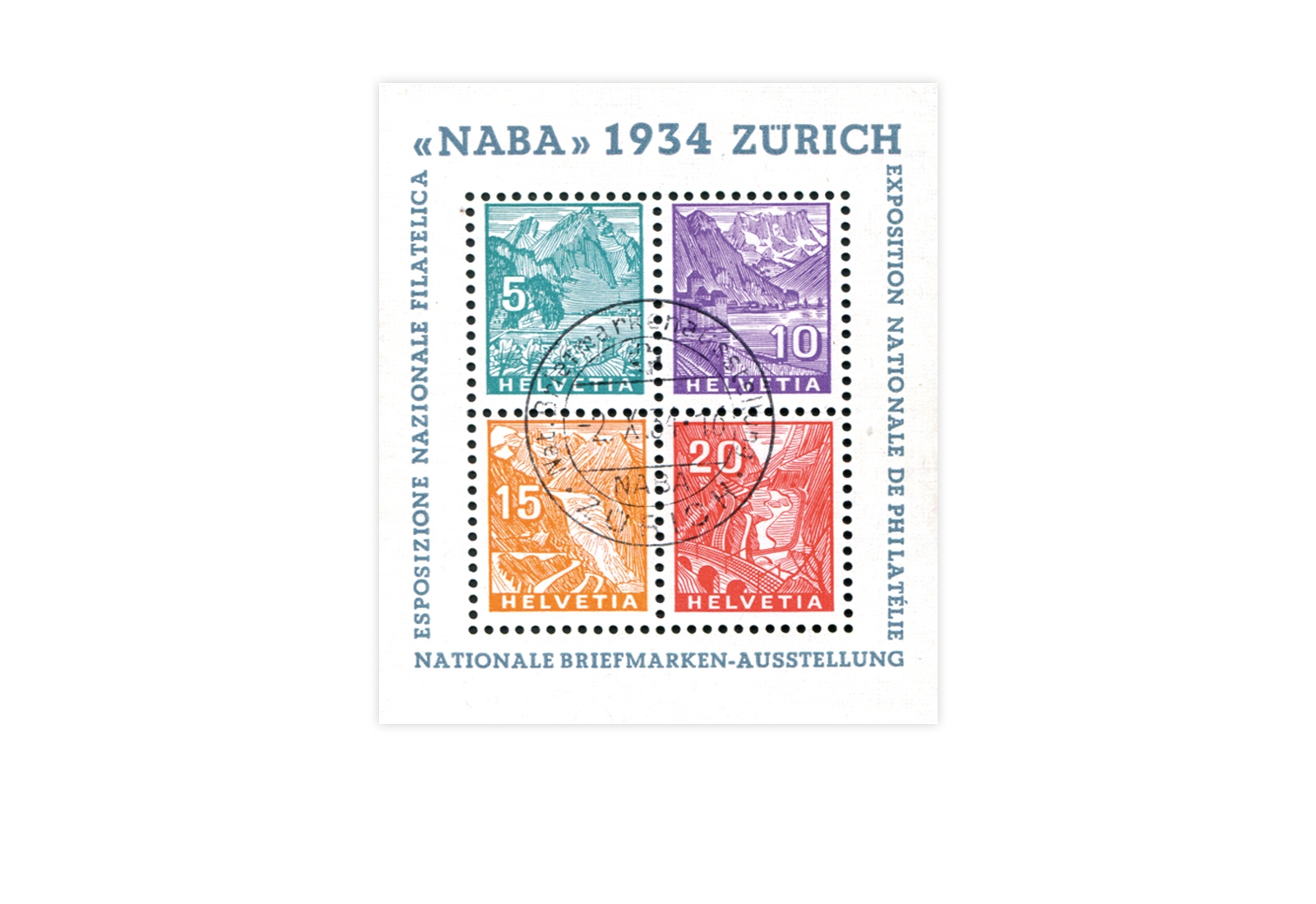 Briefmarke Schweiz NABA 1934 Block 1 gestempelt