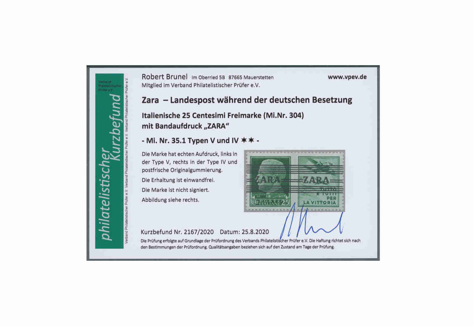 Briefmarke Deutsches Reich Zara 1943 Michel-Nr. 35.1 V + IV postfrisch Fotobefund