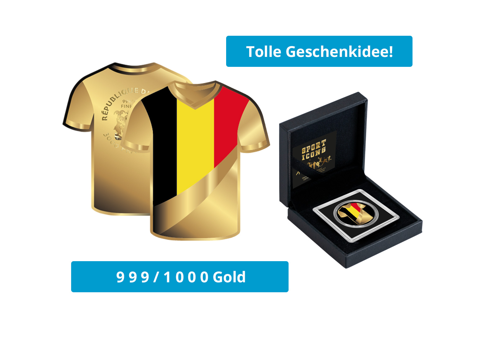 Goldmünze Motiv "Trikot Belgien" 999/1000 Gold im Geschenketui