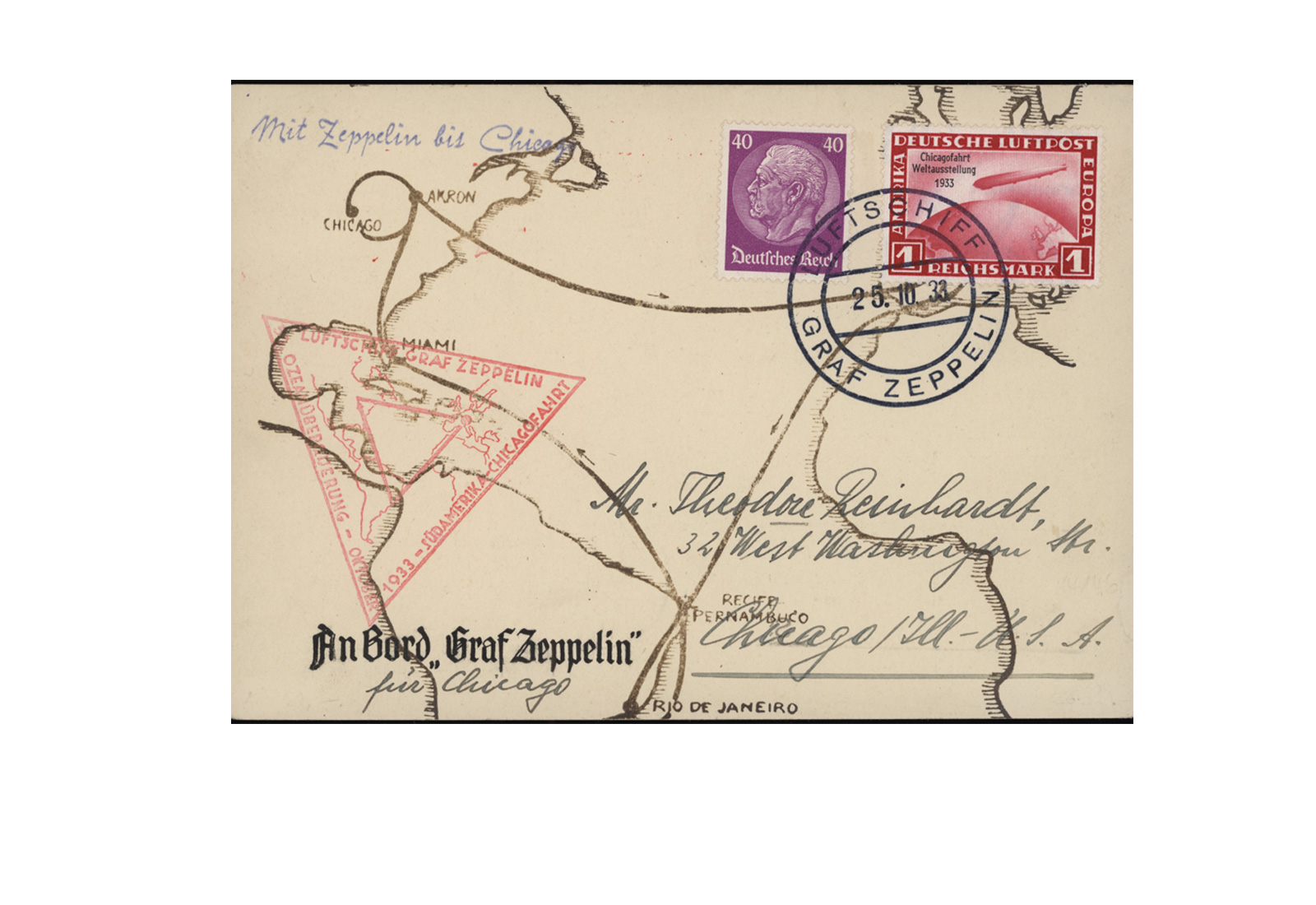 Briefmarke LZ 127 Graf Zeppelin Chicagofahrt 1933 auf Karte Mi-Nr. 469
