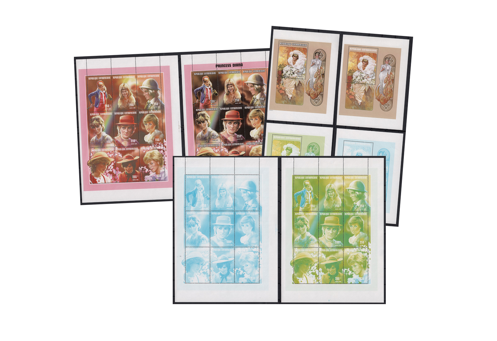 1. Todestag von Lady Di 1998** Zentralfrika 2072/80+4 Blocks dabei jeweils 3 Druckphasen
