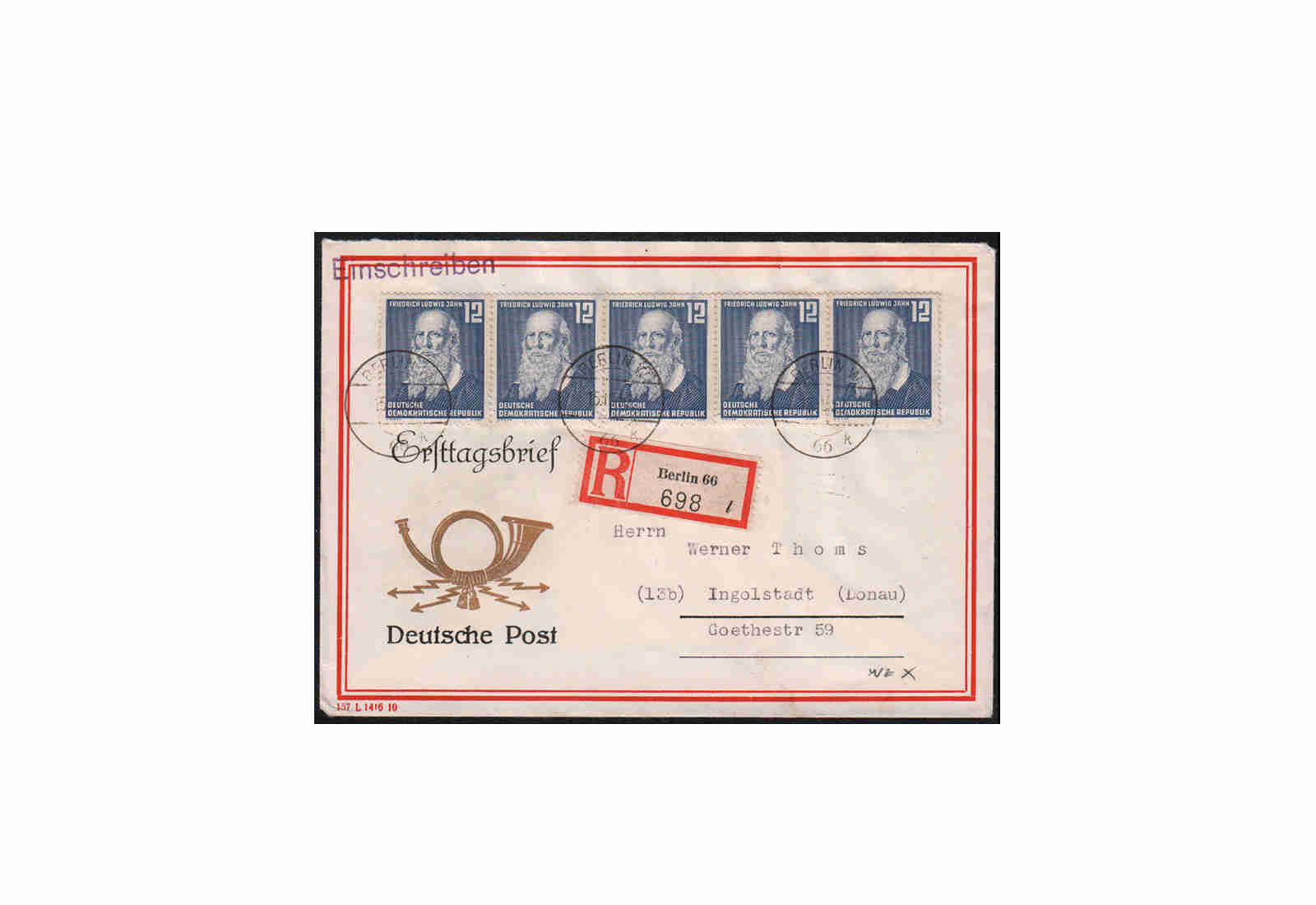 DDR Michel-Nr. 317 X gestempelt MeF/FDC 5er-Streifen Ludwig Jahn