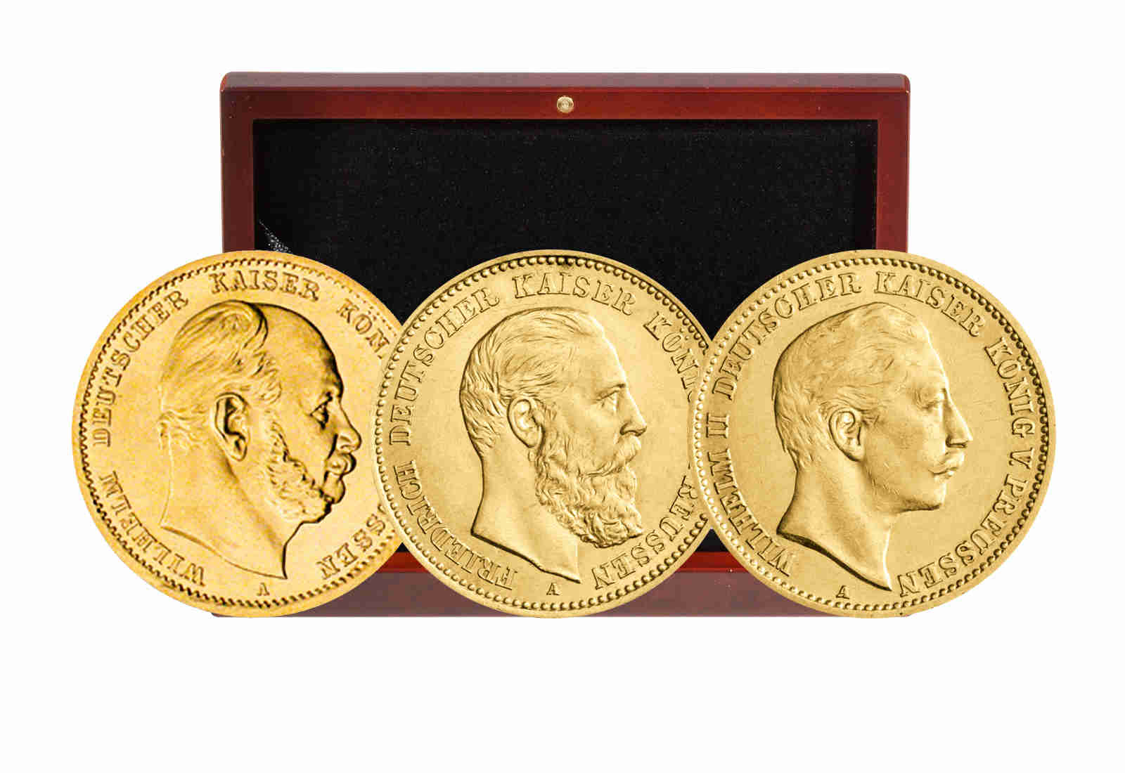 3er Set 10 Mark Goldmünze Preußen Wilhelm I., Wilhelm II. und Friedrich III. Jaeger-Nr. 245, 247 und 251